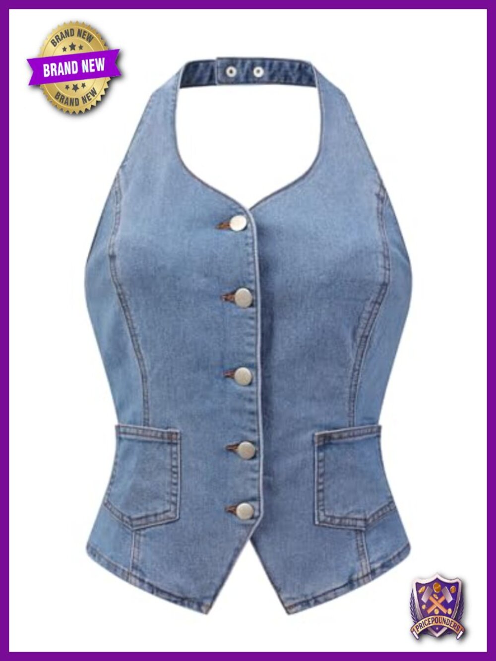 Denim Vest Top Halter Neck Button Down Backless Cropped Waistcoat